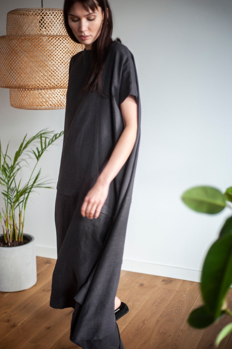 Long linen dress , sleeveless dress, oversized dress, boho women dresses, minimalist clothing, atuko, sustainable, kaftan linen dress image 9