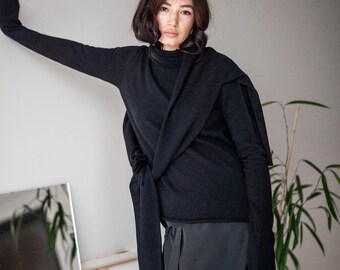 Leichter Merinopullover mit Trichterkragen, Kaschmirpullover mit lockerer Passform, schwarzer Merinowollpullover, minimalistischer Pullover, minimalistischer Winterpullover
