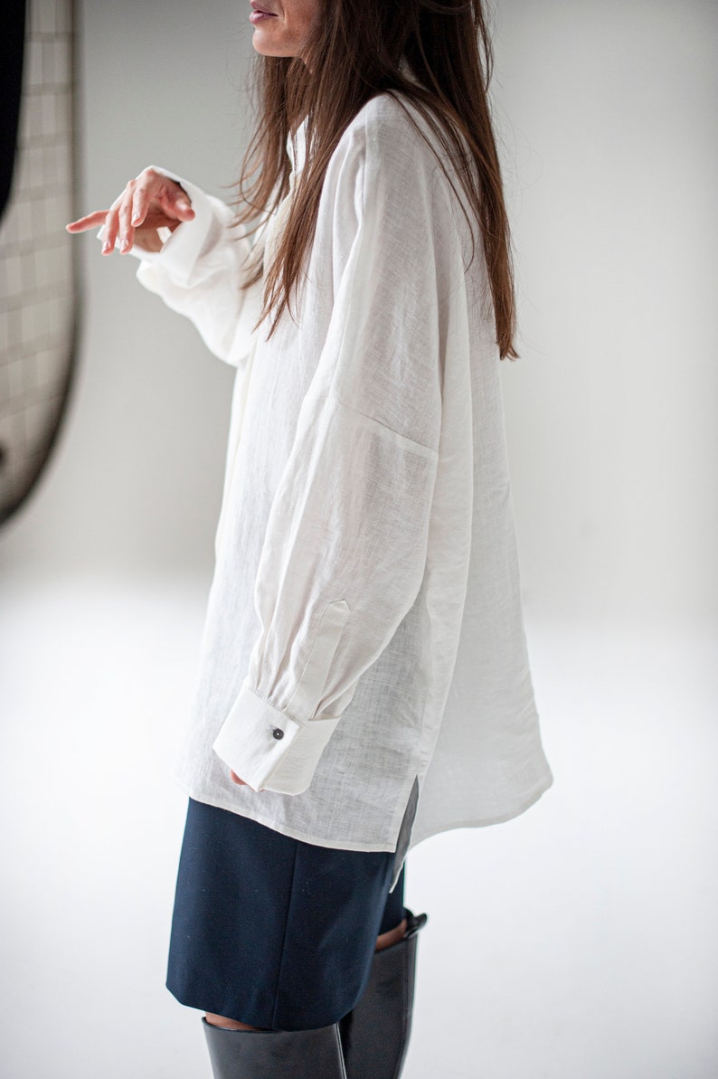 Linen shirts, french cuffs, oversized linen shirts, oversized shirt, linen blouse, linen clothing, minimal linen clothes, boyfriend shirt image 3