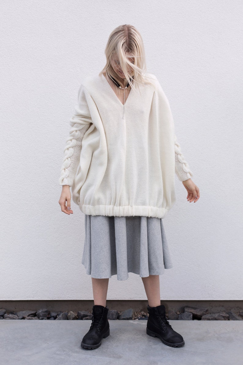 Plaited sweater Wool sweater Cable knit sweater White plaited oversized sweater Handmade sweater