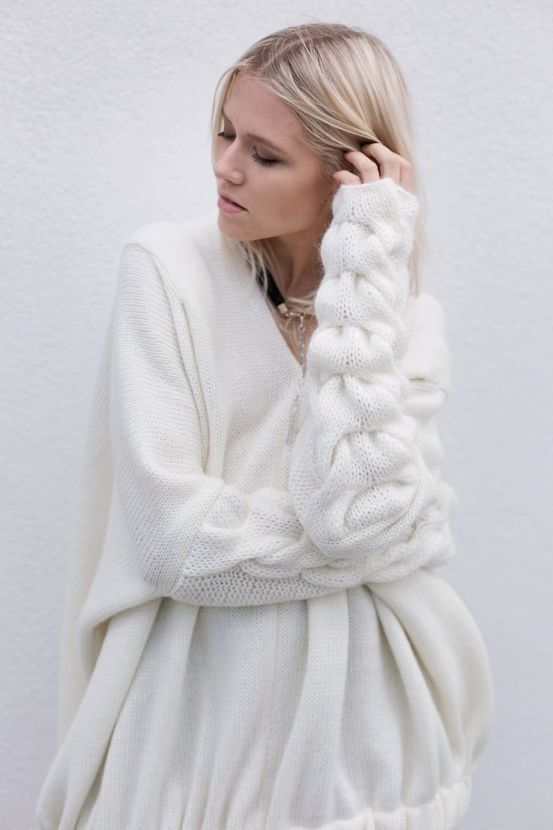 Plaited sweater Wool sweater Cable knit sweater White plaited oversized sweater Handmade sweater