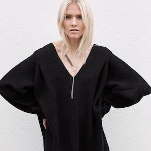 Oversized winter dress, merino dress, V neckline dres, long dress, long black dress, warm tunic dress, loose fit dress, oversized dress image 1