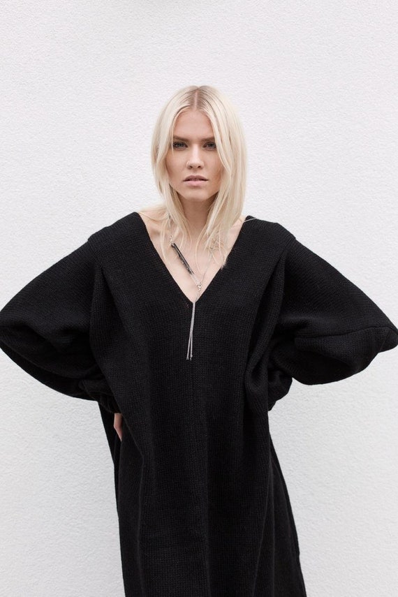 navy blue dress for baby girl Oversized Winter Dress, Merino Dress, V Neckline Dres, Long Dress, Long  Black Dress, Warm Tunic Dress, Loose Fit Dress, Oversized Dress