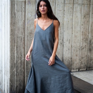 Long slip linen dress , slip dress, oversized dress, women dresses, minimalist clothing, atuko, conscious, sustainable, kaftan linen dress image 5