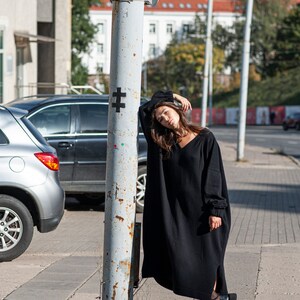 Oversized winter dress, merino dress, V neckline dres, long dress, long black dress, warm tunic dress, loose fit dress, oversized dress image 3