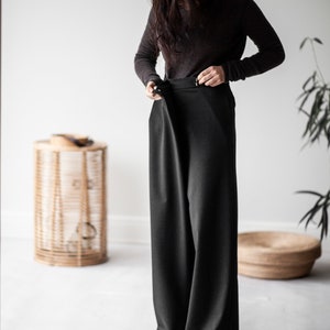 Pantalones de lana, pantalones de traje, pantalones de lana anchos, pantalones de invierno de cintura alta, ropa sostenible, ropa sostenible, lino negro imagen 7