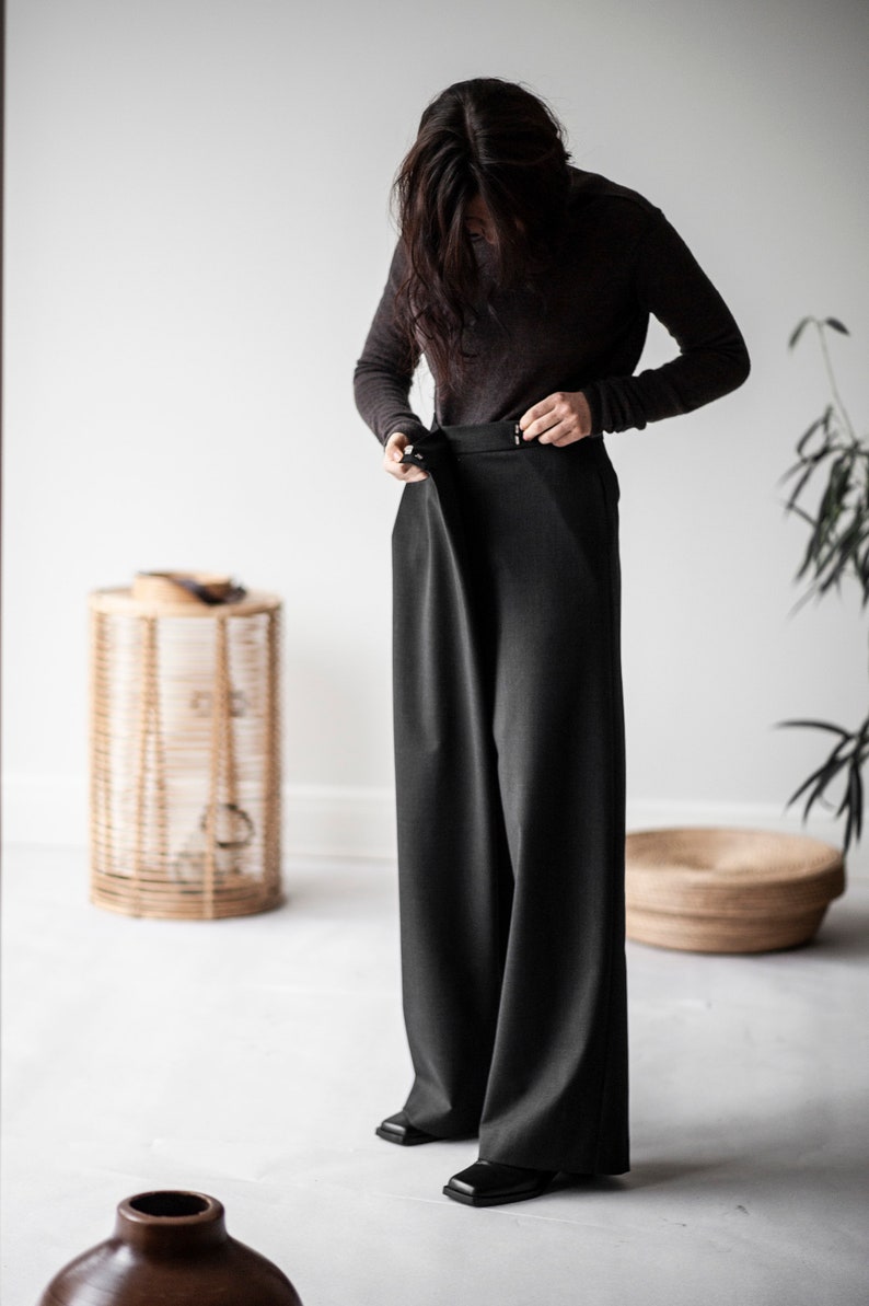 Wool pants, suit trousers, wide wool trousers, high waist winter trousers, sustainable clothes, sustainable clothing, black linen zdjęcie 7