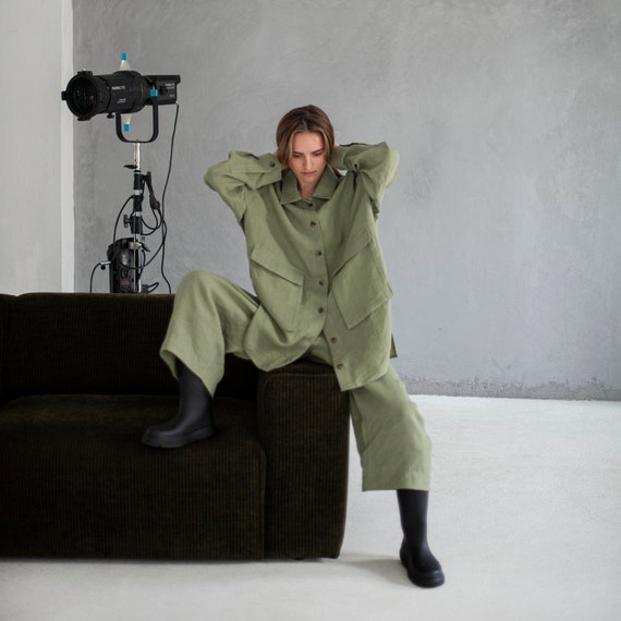 Oversized Linen Shirt with Pockets, French Cuffs, Minimalist Clothing