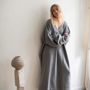 Oversized winter dress, merino dress, V neckline dres, long dress, long black dress, warm tunic dress, loose fit dress, oversized dress image 4