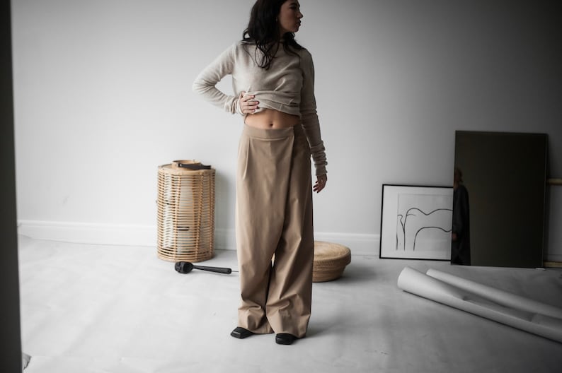 Wool pants, suit trousers, wide wool trousers, high waist winter trousers, sustainable clothes, sustainable clothing, black linen zdjęcie 5