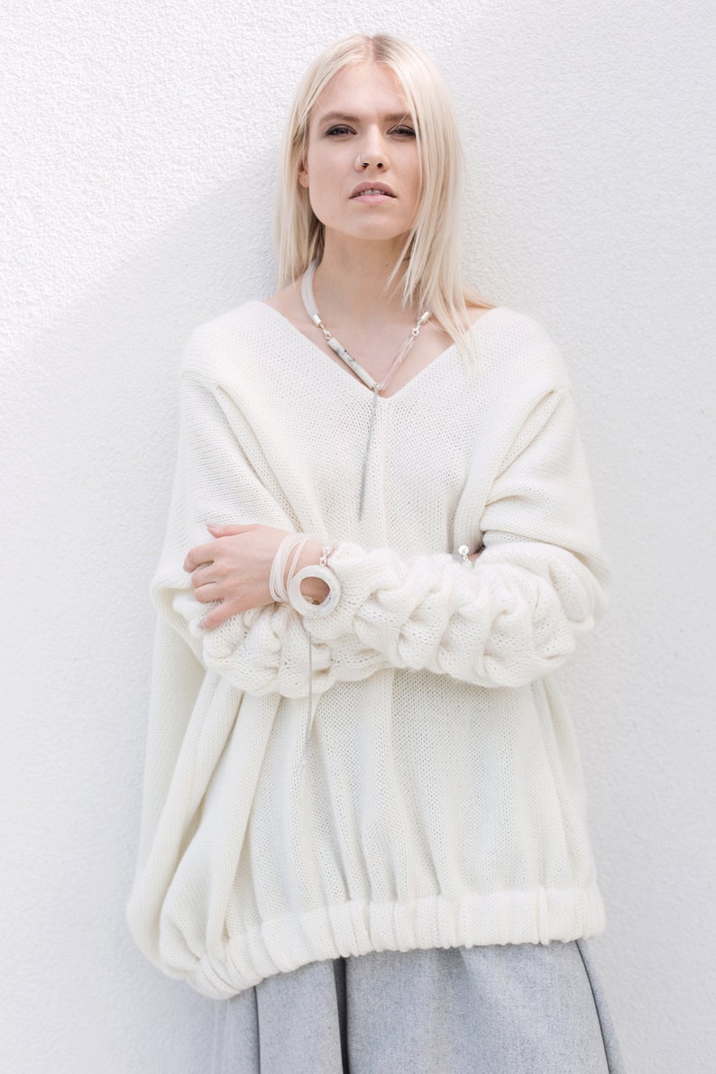 Plaited sweater Wool sweater Cable knit sweater White plaited oversized sweater Handmade sweater