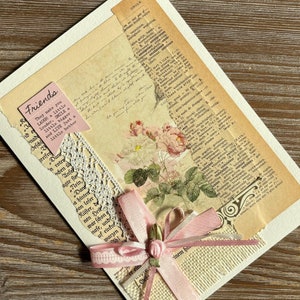 Carte de voeux au style vintage, carte unique de scrapbooking rose clair, roses romantiques florales, échange de correspondance par courrier postal, romantique élégant chic