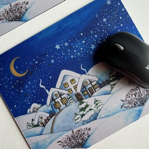 Designer mouse mat, Night sky moon mousepad, Winter village in snow, Designer computer accessory, Gaming gift