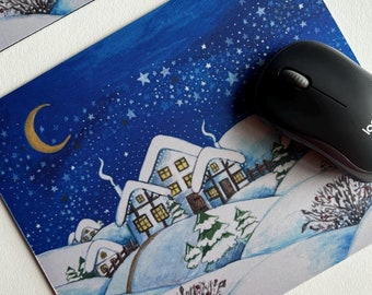 Designer mouse mat, Night sky moon mousepad, Winter village in snow, Designer computer accessory, Gaming gift