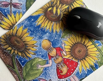 Designer mouse mat, Sunflowers fairy mousepad, Field wild flowers enchanted fairy tail, Designer computer accessory, Gaming gift