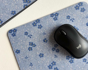 Designer mousemat, Floral pattern mousepad, Forget-me-not design, Blue white flowers, Designer computer accessory, Gaming gift