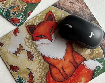 Designer mouse mat, Forest fox mousepad, Enchanted forest fairy tail illustration, Designer computer accessory, Gaming gift