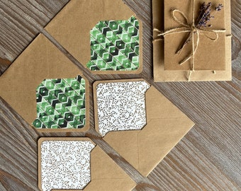 Letter writing set: Lined envelopes 3x4", cotton paper, green watercolor, golden foil, eco snail mail, junk journal, Stationery gift