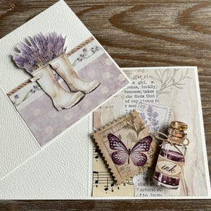Colección de lavanda: tarjetas de scrapbooking en 3D con sobres, correo romántico con caracoles para amigos por correspondencia, tarjetas con lavanda provenzal, sobres de color marrón kraft