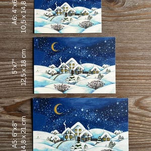 Tarjeta con impresión de obra de arte original de Navidad, tarjeta de felicitación con paisaje invernal en acuarela, estrellas en el cielo nocturno con nieve en el pueblo, correo postal con amigos por correspondencia