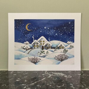 Christmas poster picture, 8x10, 11x14, Watercolor winter landscape, Village snow night sky, Textured paper, Children room home wall decor