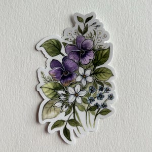Contour cut mat vinyl sticker, Original artwork, Watercolor flowers bouquet, Viola flower, art stationery, Pen pal snail mail waterproof