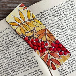 Original artwork bookmark, Watercolor print, Rowan red berries, Autumn tree yellow leaves, Magical fairytale art, Pen pal book lover gift