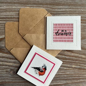 2 cartes faites main avec enveloppe kraft, petit carton rouge motivant pour les voeux, surprise de l'amitié, courrier postal avec un correspondant, Robin Soyez un rêveur