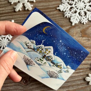Sticker with original artwork, Winter Christmas New Year, Village in show, Night sky stars, elegant stationery, Pen pal mail handpainted