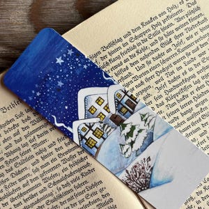 Original artwork bookmark, Watercolor print, Winter snow village, Night sky stars, Magical fairytale art, Pen pal book lover gift