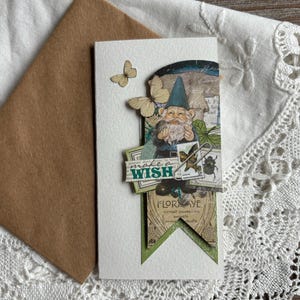 Kaart dwergfee, grappig kaartje, kleine grappige kaart, Make a Wish-kaart, Wenskaart, Bloemen sprookjesachtige natuurkaart, inghettadesign,
