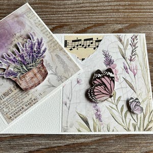 Colección de lavanda: tarjetas de scrapbooking en 3D con sobres, correo romántico con caracoles para amigos por correspondencia, tarjetas con lavanda provenzal, sobres de color marrón kraft