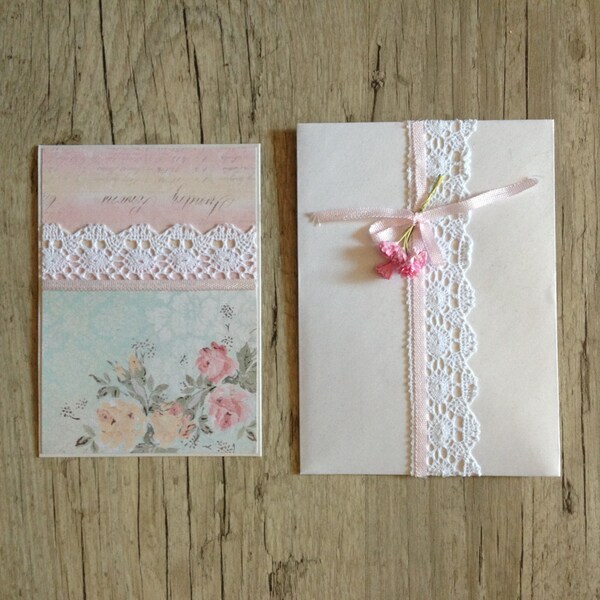 Crafted postcard with envelope - greeting card - tender pastel light pink blue silver lace - gift present idea - europeanstreetteam