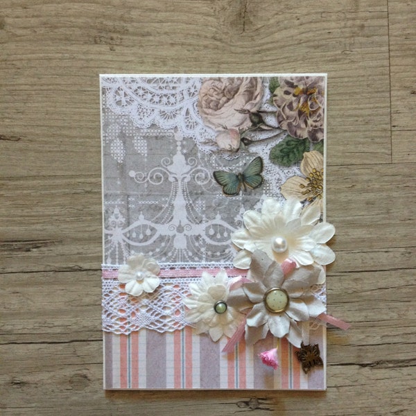 Crafted greeting card vintage style - handmade 3d OOAK postcard - rustic light grey pink pastel - flowers lace - europeanstreetteam