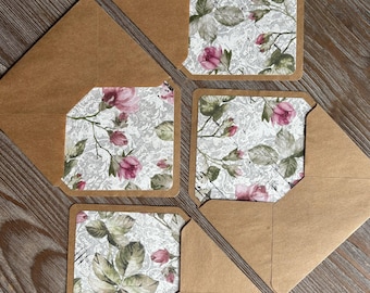 Romantic Letter writing set: 2 Lined envelopes, cotton writing paper, Floral roses, love letter, Penpaling snail mail, classy stationery