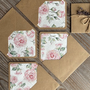 Romantische brievenset: gevoerde enveloppen, katoenen briefpapier, milieuvriendelijk gerecycled kraftpapier, briefpapierliefhebbers, pastelroze rozen