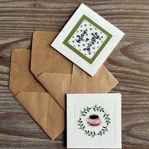 2 cartes faites main avec enveloppe kraft, petite carte de voeux, amitié surprise, correspondance, courrier postal, café, croyez-vous