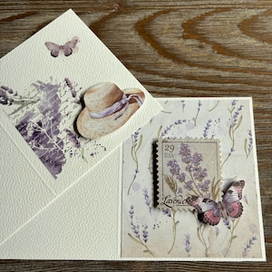 Lavender collection: 3D cards with envelopes, Provence penpal snail happy mail, French summer romantic lavandula, Heart card envelope