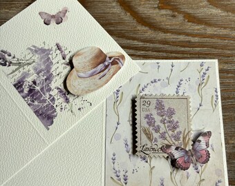 Lavender collection: 3D cards with envelopes, Provence penpal snail happy mail, French summer romantic lavandula, Heart card envelope