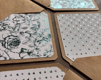 Mint foil letter writing set, 2 lined envelopes cotton writing paper, Heart Roses, Engagement anniversary wedding love letter, junk journal