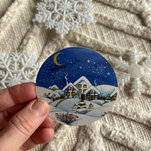 Sticker with original artwork, Winter Christmas New Year, Village in show, Night sky stars, elegant stationery, Pen pal mail handpainted