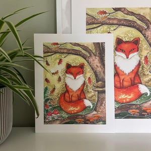 Immagine poster artistica, 8x10, 11x14, carta ruvida, autunno, volpe della foresta incantata e magica, stampa artistica ad acquerello, colore terra arancione bruciato