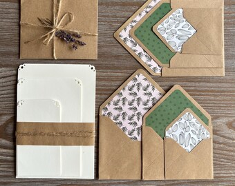 Letter writing set: 6 assorted envelopes, cotton letter writing paper pack, Pink greenery leaves, Penpal snailmail postcrossing stationery