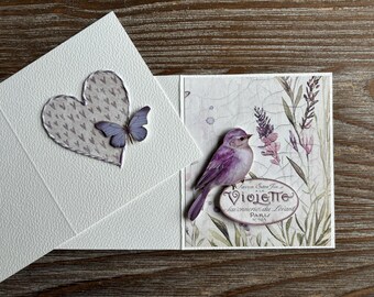 Lavender collection: 3D cards with envelopes, Provence penpal snail happy mail, French summer romantic lavandula, Heart card envelope