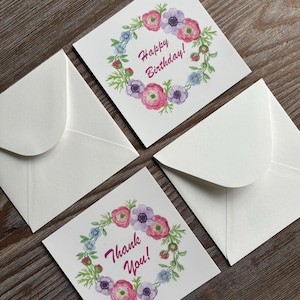 Cartão com impressão em aquarela com envelope, Coroa de flores pequenas aquarela floral, Agradecimento de aniversário, Papelaria de cartão em branco
