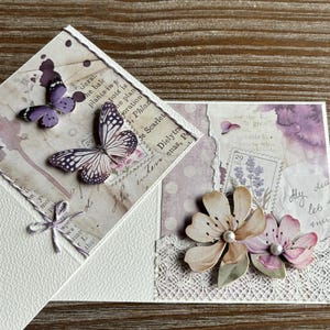 Colección de lavanda: tarjetas de scrapbooking en 3D con sobres, correo romántico con caracoles para amigos por correspondencia, tarjetas con lavanda provenzal, sobres de color marrón kraft