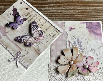 Lavender collection: 3D scrapbooking cards with envelopes, Romantic penpal snail happy mail, Provence lavandula cards, Kraft brown envelopes