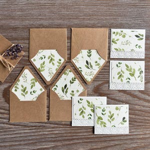 Miniature lined envelopes, Greenery watercolor blank note cards set, Eco-friendly, Romantic surprise, junk journal penpal gift snailmail