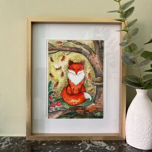 Oeuvre d'art originale carte A5, renard forestier automne automne Thanksgiving, carte postale imprimée aquarelle, queue de fée magique, décoration de chambre d'enfant