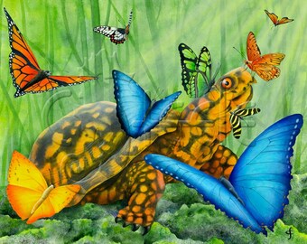 Carolyn Steele art print, tropical forest, Eastern Box turtle and butterflies: "Social Butterflies"